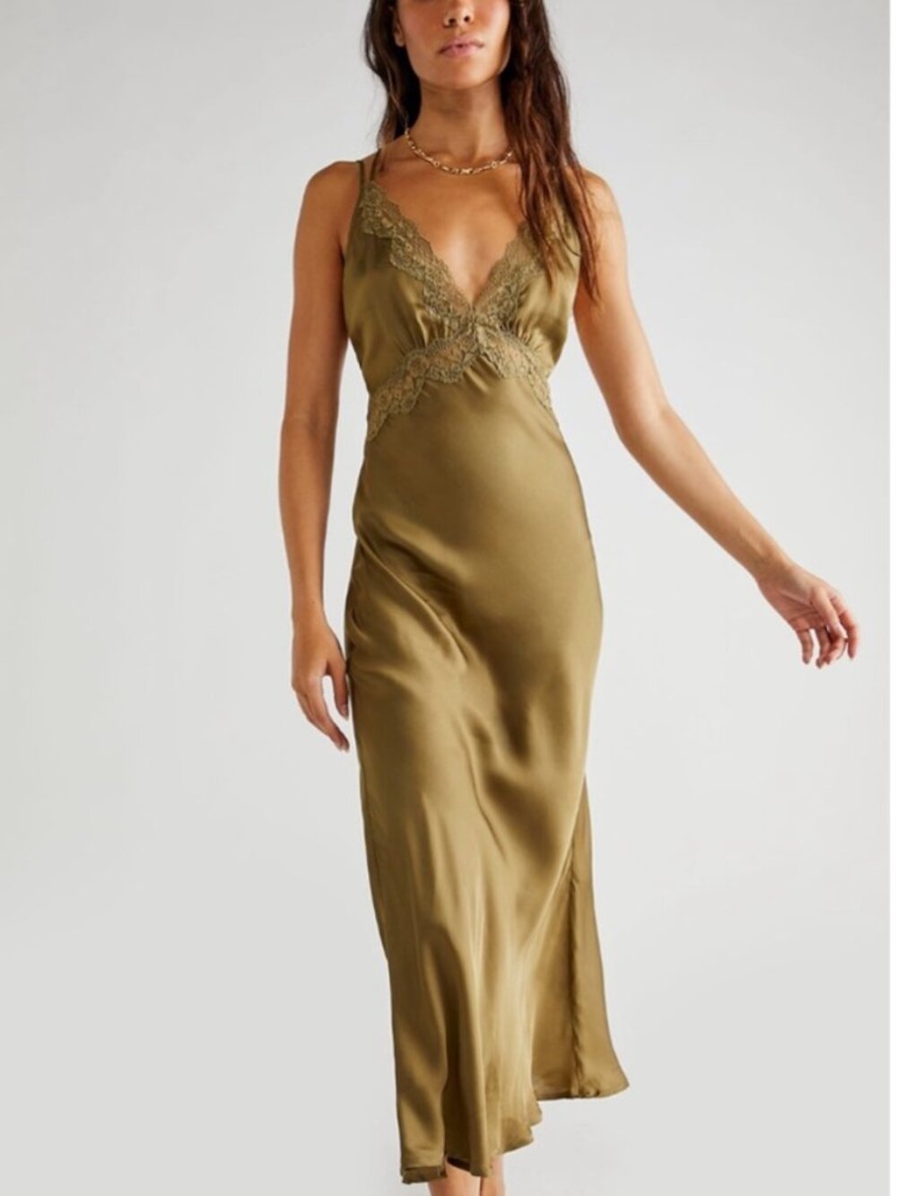 SPELL Boudoir Slip Dress Olive Size Medium NWOT | Lace Satin Maxi Boho